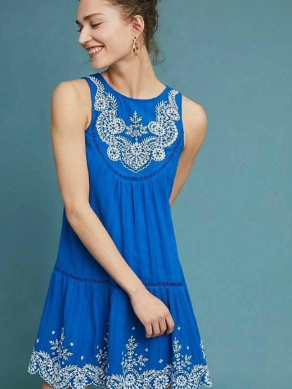 Anthropologie Meadow Rue Embroidered Blue Boho Dress Sleeveless Size 2